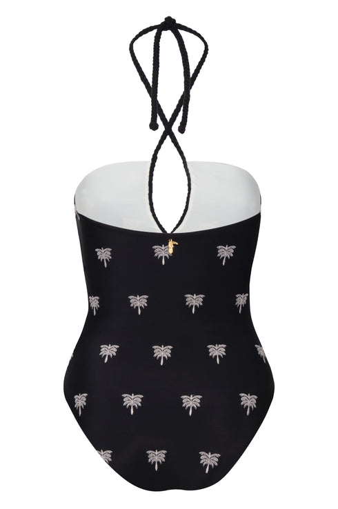 Saint Tropez Embroidered One PIece / Black - White Polka Palms
